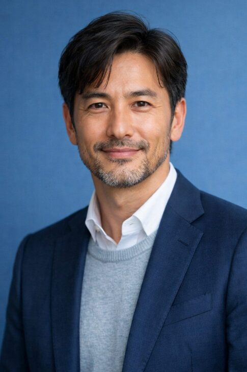 清潔感のある40代・50代の日本人男性が青い背景の前でやさしく微笑む、爪ケア記事向けの上半身ポートレート画像