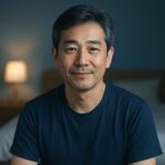 清潔感のある40〜50代日本人男性が青基調の寝室で穏やかにリラックスしている半リアルイメージ