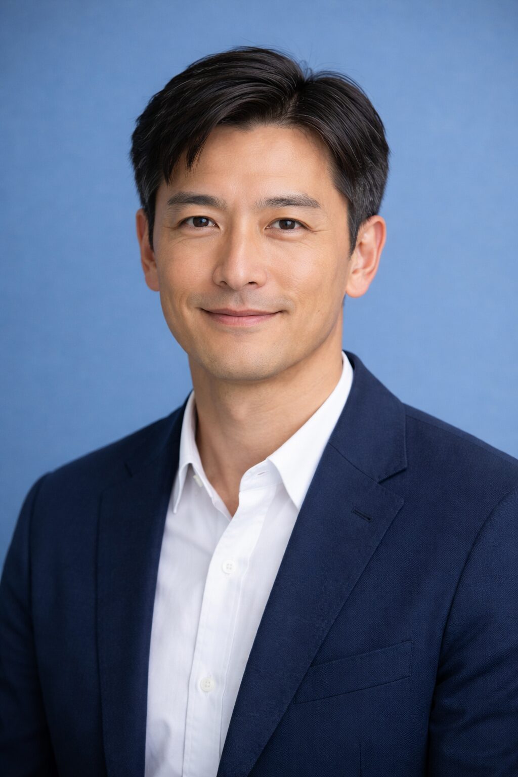 鼻毛・眉毛・耳毛ケアの記事用に作成した、清潔感のある40代・50代日本人男性の髭なし上半身ポートレート