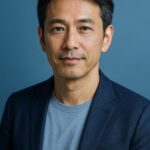 青基調の背景で爽やかに微笑む、清潔感のある40〜50代日本人男性の半リアル調ポートレート。オジサン化防止や若々しさをテーマにした印象的なイメージ。