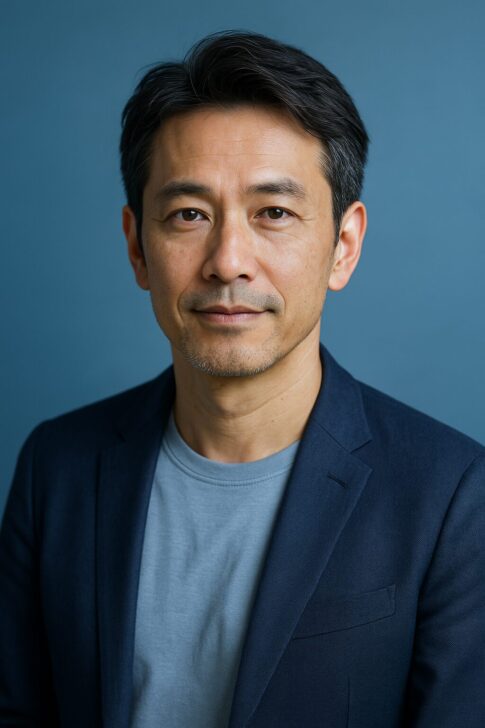 青基調の背景で爽やかに微笑む、清潔感のある40〜50代日本人男性の半リアル調ポートレート。オジサン化防止や若々しさをテーマにした印象的なイメージ。