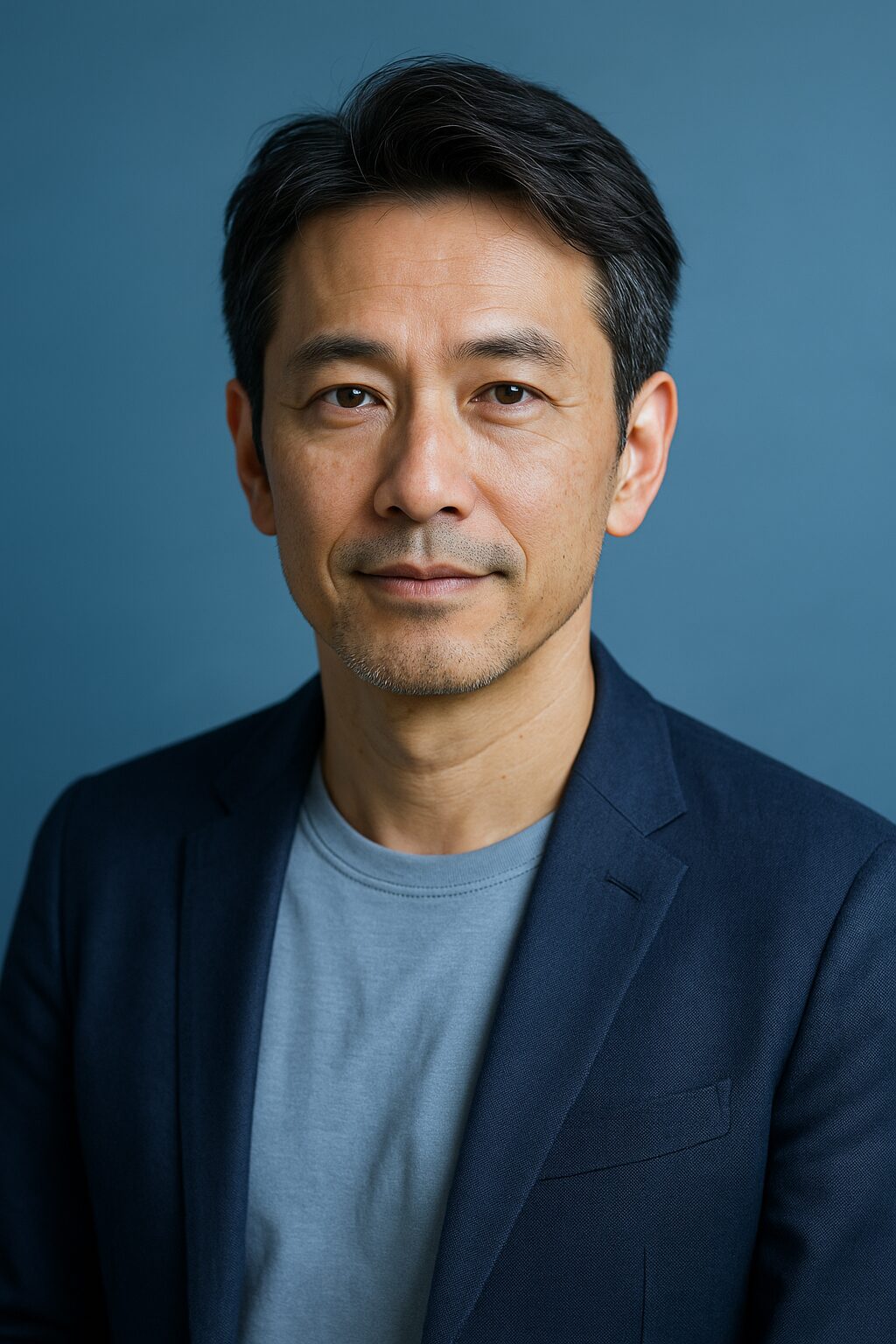 青基調の背景で爽やかに微笑む、清潔感のある40〜50代日本人男性の半リアル調ポートレート。オジサン化防止や若々しさをテーマにした印象的なイメージ。