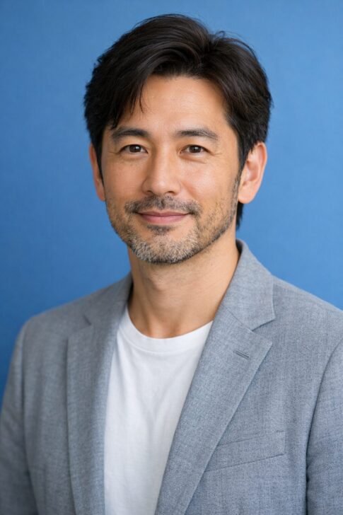 清潔感のある40代・50代の日本人男性が、青系の無地背景の前でやさしく微笑む上半身ポートレート。自然光のような柔らかい光で、健康的で落ち着いた印象の広告用アイキャッチ画像。