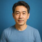 青い背景の前で微笑む清潔感のある40〜50代日本人男性の半リアルイラスト。スキンケア記事のアイキャッチ用イメージ。