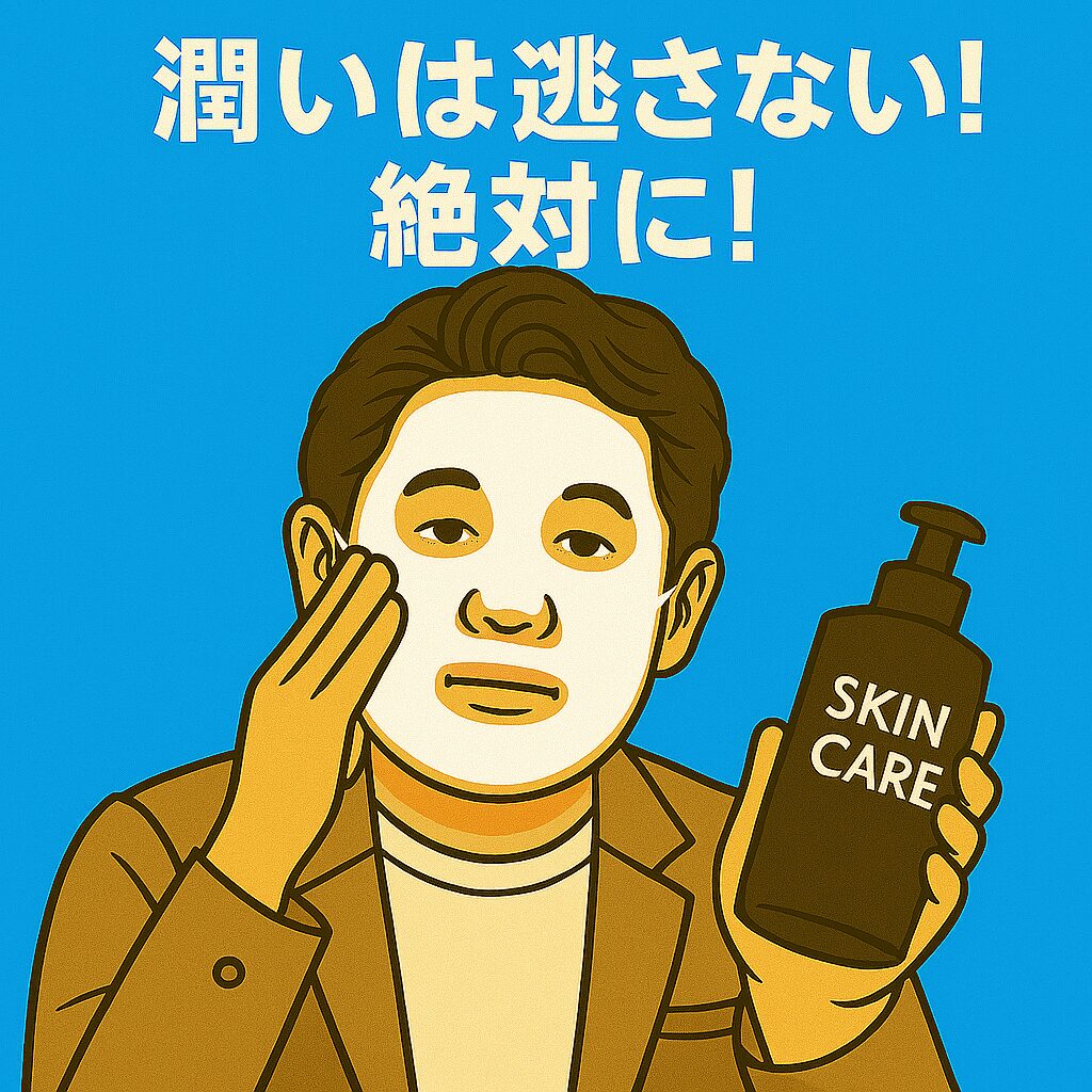 40代男性がフェイスパックでスキンケアをしている様子。「潤いは逃さない！絶対に！」のキャッチコピー入り。メンズスキンケア・シートマスクの重要性を訴えるイラスト。