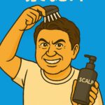 頭皮マッサージで発毛を目指す40代男性。やる気満々の表情でセルフケア中のイラスト