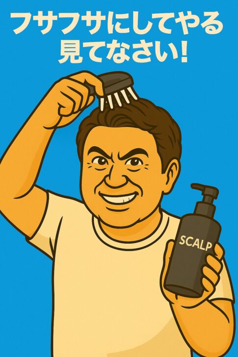 頭皮マッサージで発毛を目指す40代男性。やる気満々の表情でセルフケア中のイラスト