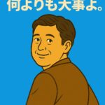 40代・50代男性がセルフケアに目覚め、振り返って微笑む姿。健康意識と前向きなライフスタイルを表現したイラスト。