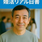 40〜50代男性が笑顔で婚活イベントに参加している様子を表すイメージ写真。背景に複数の参加者が会話している姿がぼんやりと映っている。