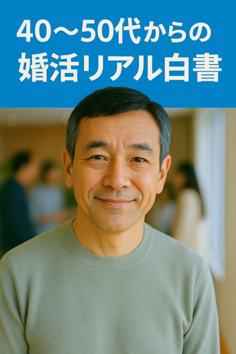 40〜50代男性が笑顔で婚活イベントに参加している様子を表すイメージ写真。背景に複数の参加者が会話している姿がぼんやりと映っている。