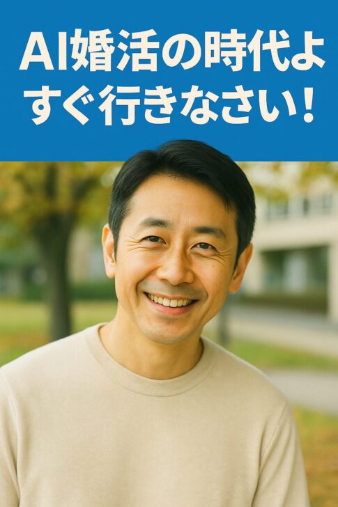 穏やかな笑みを浮かべる40〜50代の日本人男性が立つ半リアル調のプロモーション画像