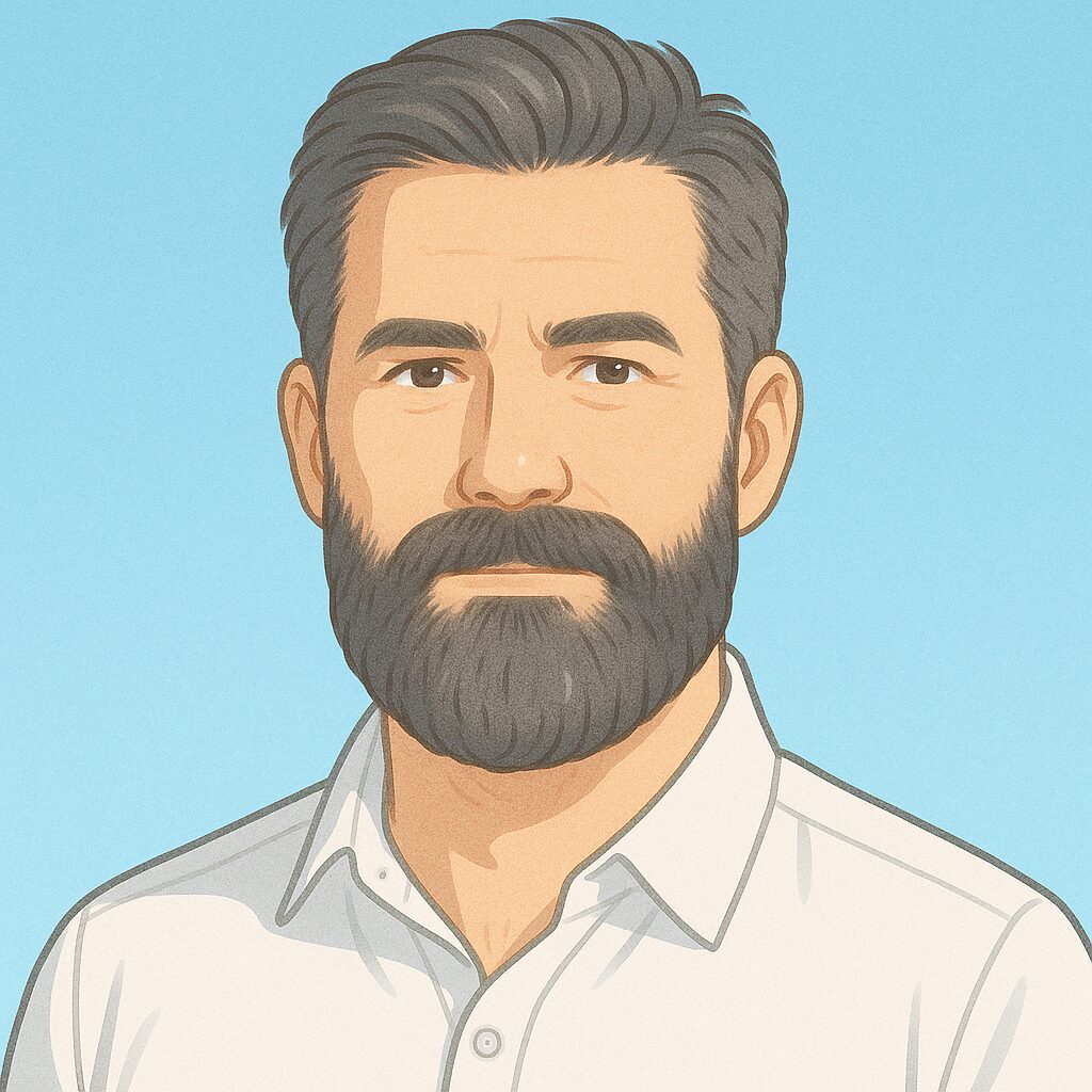 フルビアード（フル髭）：50代日本人男性の半リアルイラスト。白背景に水色を加え、重厚感と清潔感を両立したフルビアード。