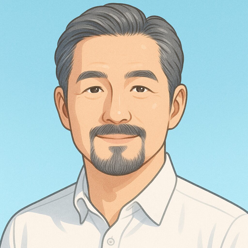 顎髭（ゴーティ）：50代日本人男性の半リアルイラスト。白背景に淡い水色で輪郭をシャープに見せる清潔感ある表現。