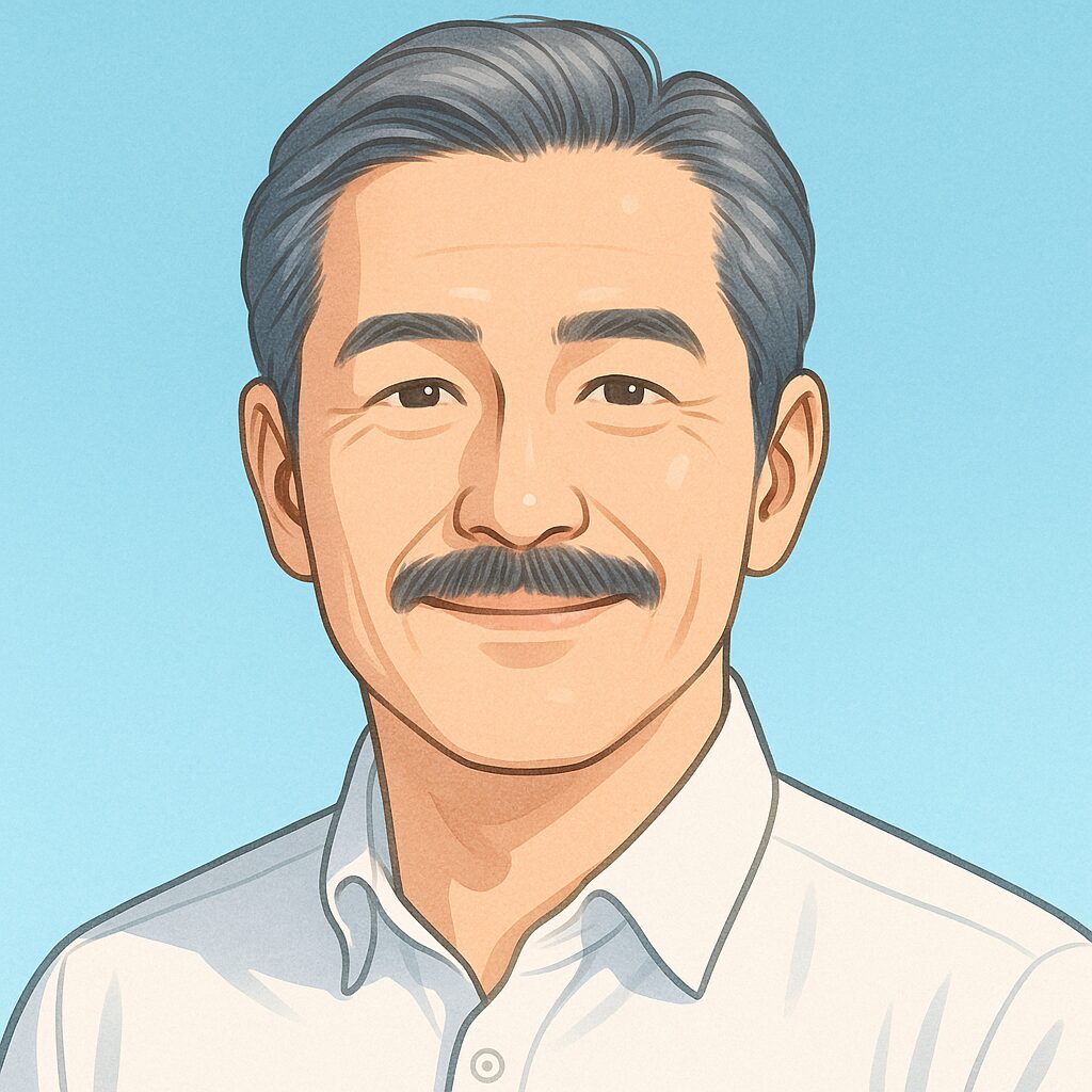 口髭（マスタッシュ）：50代日本人男性の半リアルイラスト。白ベースに水色アクセントの明るい背景で清潔感を演出。