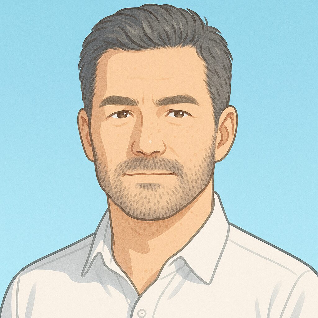 無精髭風（デザイナーズストブル）：50代日本人男性の半リアルイラスト。白ベースに水色アクセントの明るい背景で短いストブルを整えたスタイル。