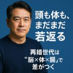 青を基調にした背景に、40〜50代の清潔感ある男性が写るアイキャッチ画像。コピーとして「頭も体も、まだまだ若返る」「再婚世代は“脳×体×腸”で差がつく」が配置され、若々しさと信頼感を表現している。
