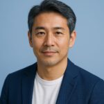 青を基調にした背景で微笑む清潔感のある40〜50代日本人男性の半リアルイラスト