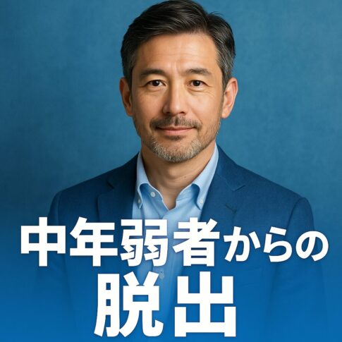青を基調にした背景で清潔感のある40〜50代男性の半リアルイラスト。婚活や清潔感アップをテーマにした記事のアイキャッチ用。