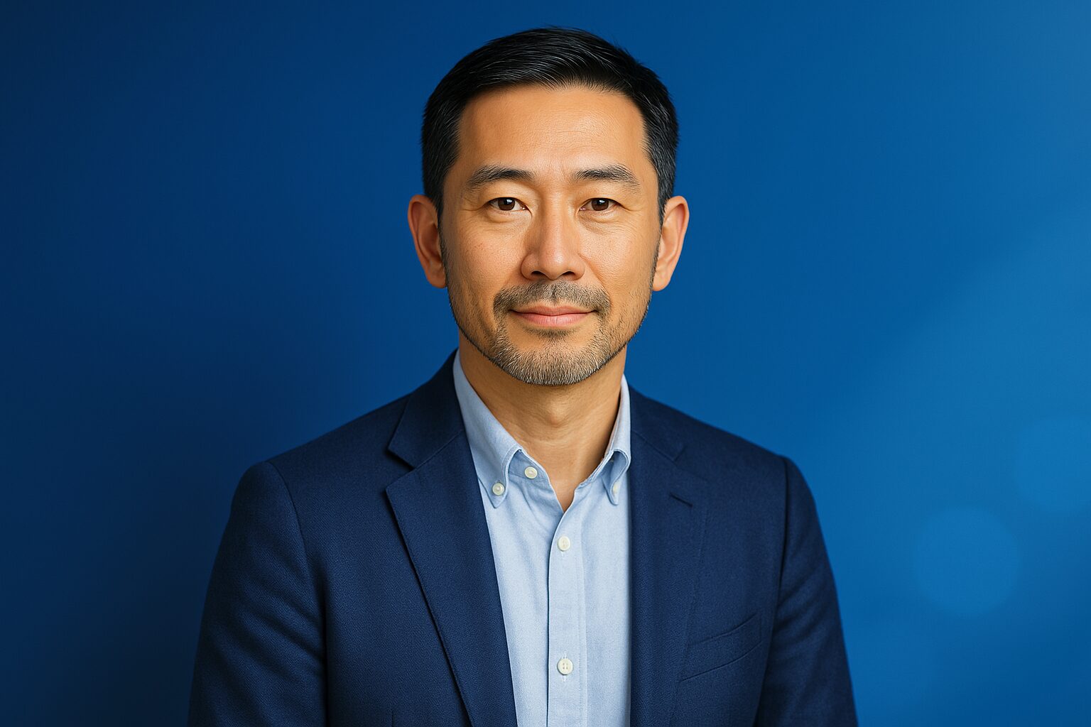 基調の半リアルな中年男性ポートレート。清潔感が伝わる装い（文字なし）