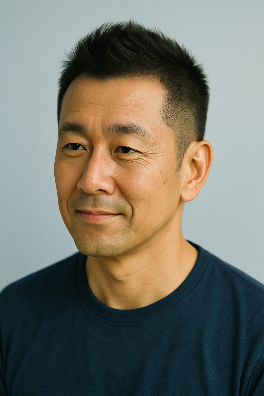 ソフトモヒカン風ショートの中年男性。個性と爽やかさを両立した髪型