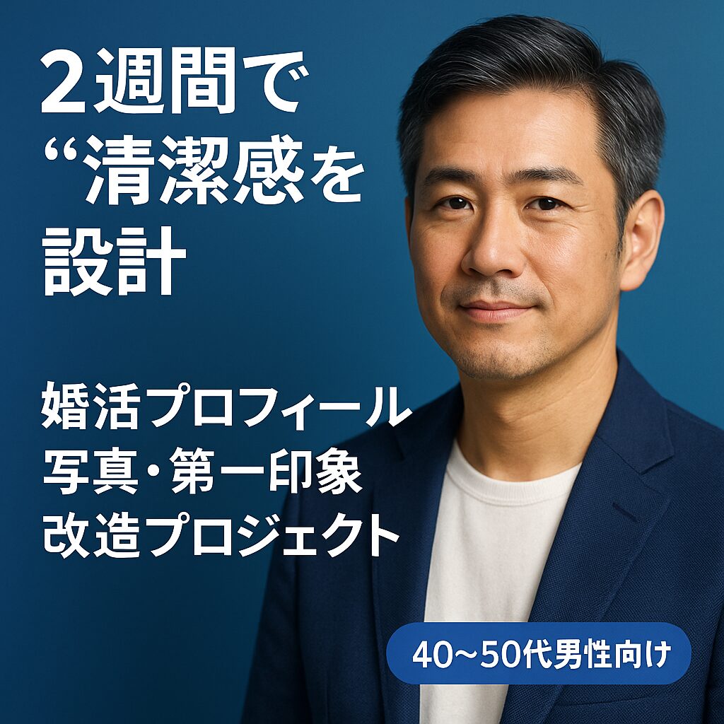 青いグラデ背景に白T×ネイビージャケットの40〜50代男性。「2週間で清潔感を設計｜婚活プロフィール写真・第一印象 改造プロジェクト」