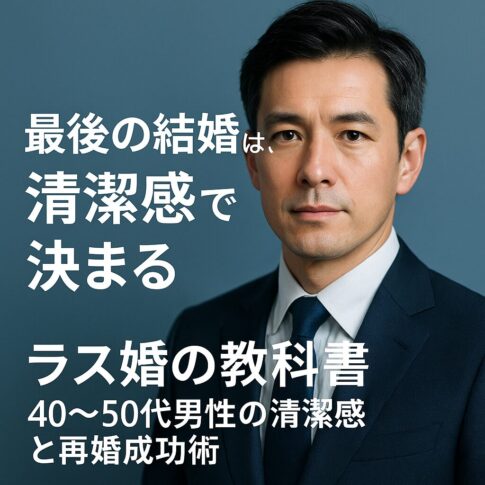 青基調の背景に、清潔感のある40〜50代男性がスーツ姿で写るポートレート写真。「最後の結婚は清潔感で決まる　ラス婚の教科書｜40〜50代男性の清潔感と再婚成功術」というコピー入り。