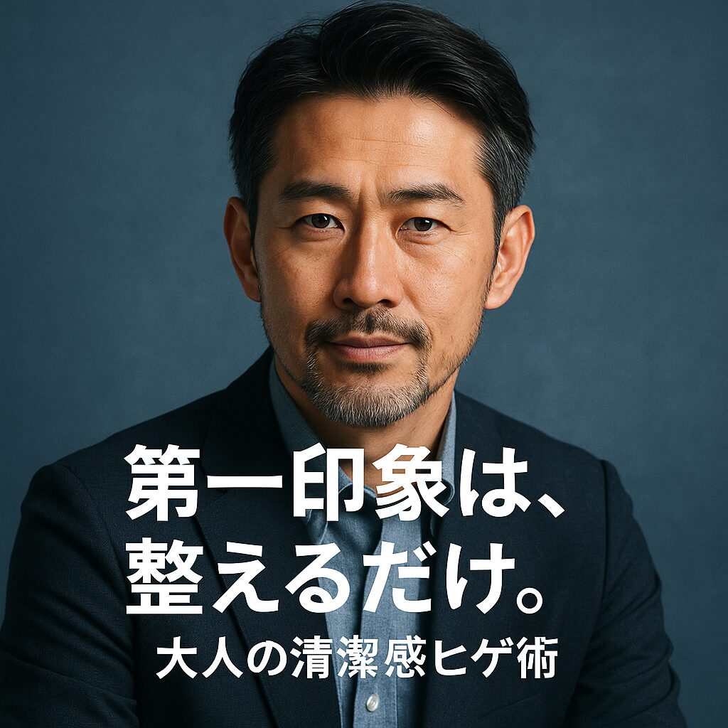 清潔感のある髭を整えた40〜50代日本人男性の半リアル画像