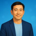 青基調の背景に清潔感のある40〜50代男性の半リアルなポートレート（文字なし）