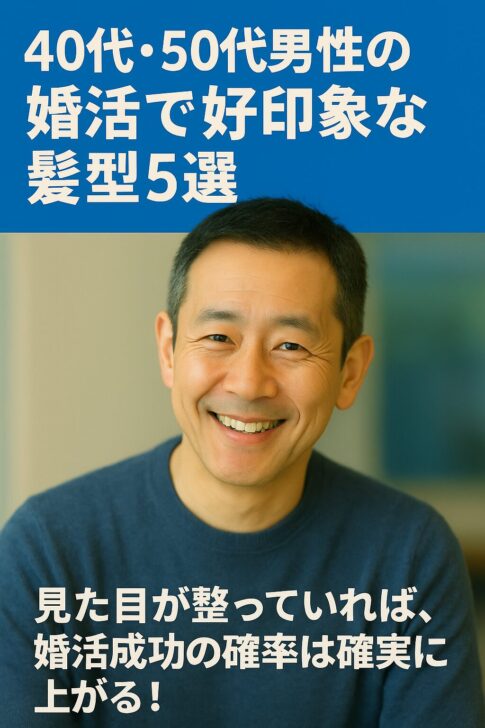 「40代・50代男性の婚活で好印象を与える髪型5選」をテーマにした半リアルな宣材写真。