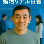 40代・50代男性の婚活をテーマにしたビジュアル。青を基調にした背景に、笑顔の中年男性が写り、第一印象と婚活成功率の関係を表現している。