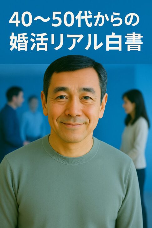 40代・50代男性の婚活をテーマにしたビジュアル。青を基調にした背景に、笑顔の中年男性が写り、第一印象と婚活成功率の関係を表現している。