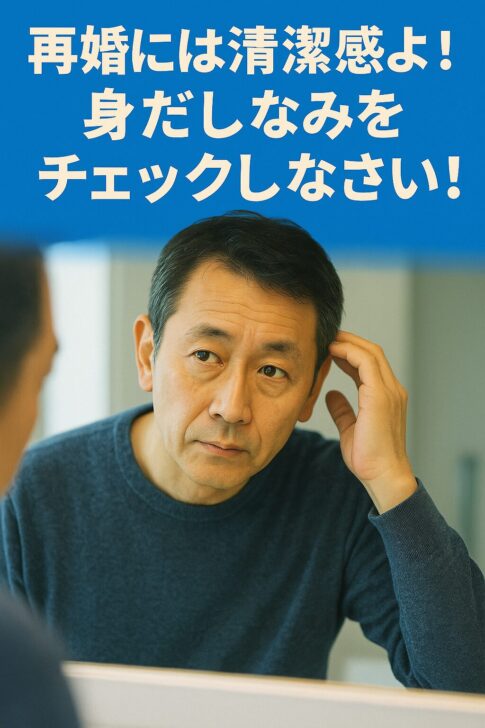 鏡の前で髪型や身だしなみを確認する40代男性。再婚に向けて清潔感を意識し、細部まで丁寧にチェックしている様子。