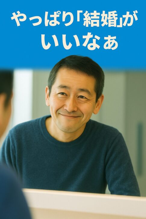 40代・50代男性が、鏡の前で身だしなみを整えながら控えめに笑みを浮かべている半リアル調の写真風画像。再婚や婚活で好印象を与えるための清潔感チェックをイメージしたビジュアル。