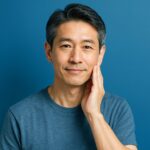 青基調の背景に立つ清潔感のある40〜50代日本人男性。婚活や日常で好印象を与えるスキンケアイメージ。