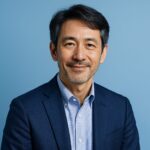 青を基調にした背景に清潔感のある40〜50代男性が微笑む半リアルなアイキャッチ
