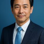 ベルロード縁結びサポートの口コミ記事用アイキャッチ。青を基調にした背景と清潔感のある40〜50代日本人男性の半リアルイラスト。