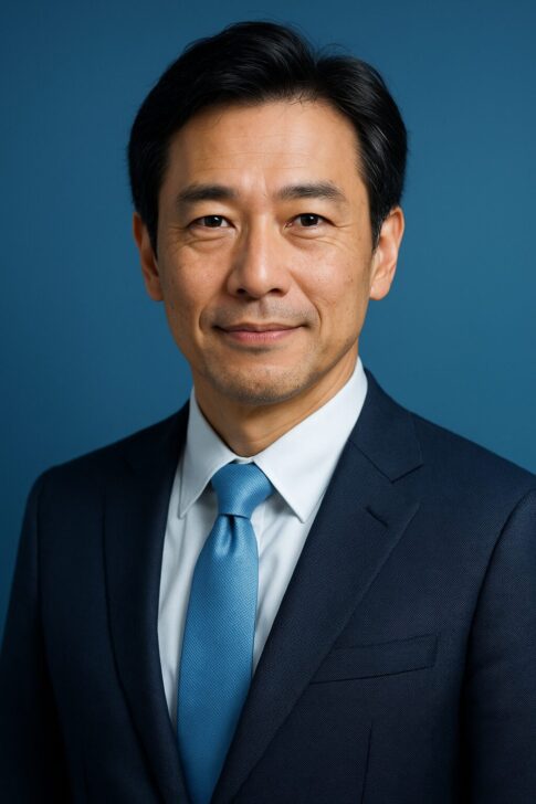 ベルロード縁結びサポートの口コミ記事用アイキャッチ。青を基調にした背景と清潔感のある40〜50代日本人男性の半リアルイラスト。