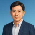 清潔感のある40〜50代男性の上半身ポートレート。青系グラデーション背景の半リアルイラスト