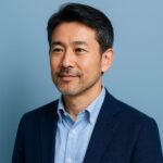 青基調の背景に、清潔感のある40〜50代日本人男性が髭を整えて爽やかに微笑む半リアルイラスト