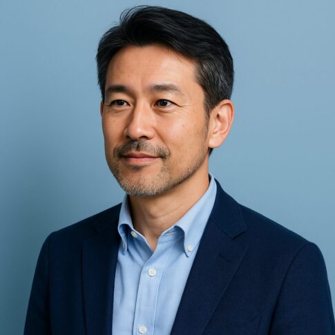 青基調の背景に、清潔感のある40〜50代日本人男性が髭を整えて爽やかに微笑む半リアルイラスト