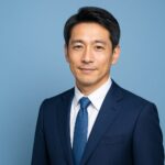 青基調の背景に、清潔感のある40〜50代日本人男性がスーツ姿で微笑んでいる半リアル風アイキャッチ画像