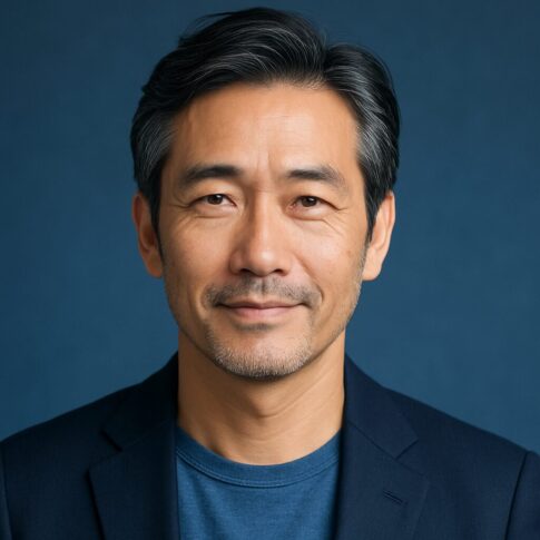 清潔感のある40〜50代日本人男性のポートレート（青基調、半リアルイメージ）