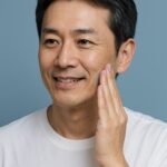 清潔感のある40代・50代日本人男性が青基調の背景でスキンケアをしている様子