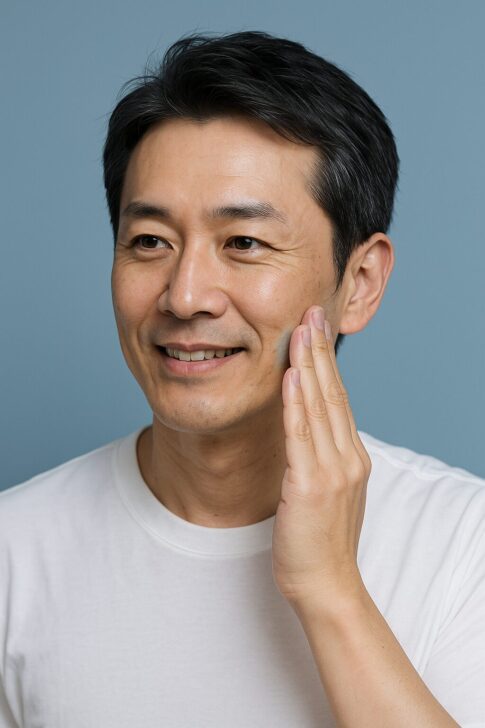 清潔感のある40代・50代日本人男性が青基調の背景でスキンケアをしている様子