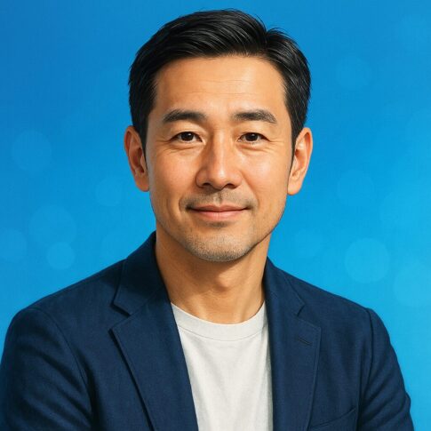 大人向けマッチングの雰囲気を伝える、清潔感のある中年日本人男性の半リアルイラスト