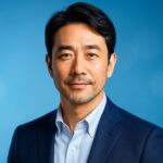 オンライン結婚相談所の雰囲気に合う、清潔感のある40〜50代日本人男性の半身ポートレート（青基調・文字なし）
