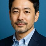 清潔感のある40〜50代日本人男性が青基調の背景で微笑むポートレート写真｜髭・香水・スキンケアのトータル戦略イメージ