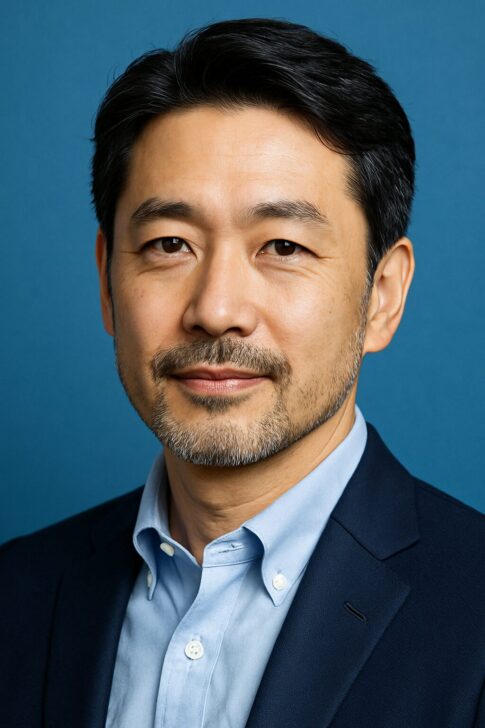 清潔感のある40〜50代日本人男性が青基調の背景で微笑むポートレート写真|髭・香水・スキンケアのトータル戦略イメージ