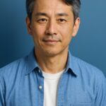 40代・50代日本人男性が清潔感のある雰囲気で写っているイメージ（青基調背景・半リアル）