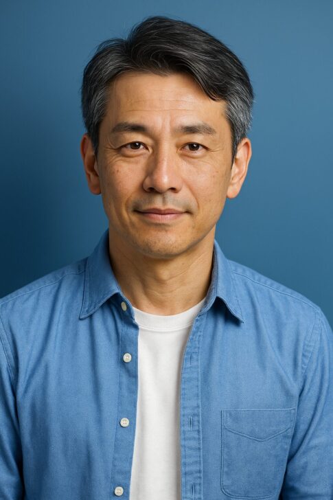 40代・50代日本人男性が清潔感のある雰囲気で写っているイメージ（青基調背景・半リアル）